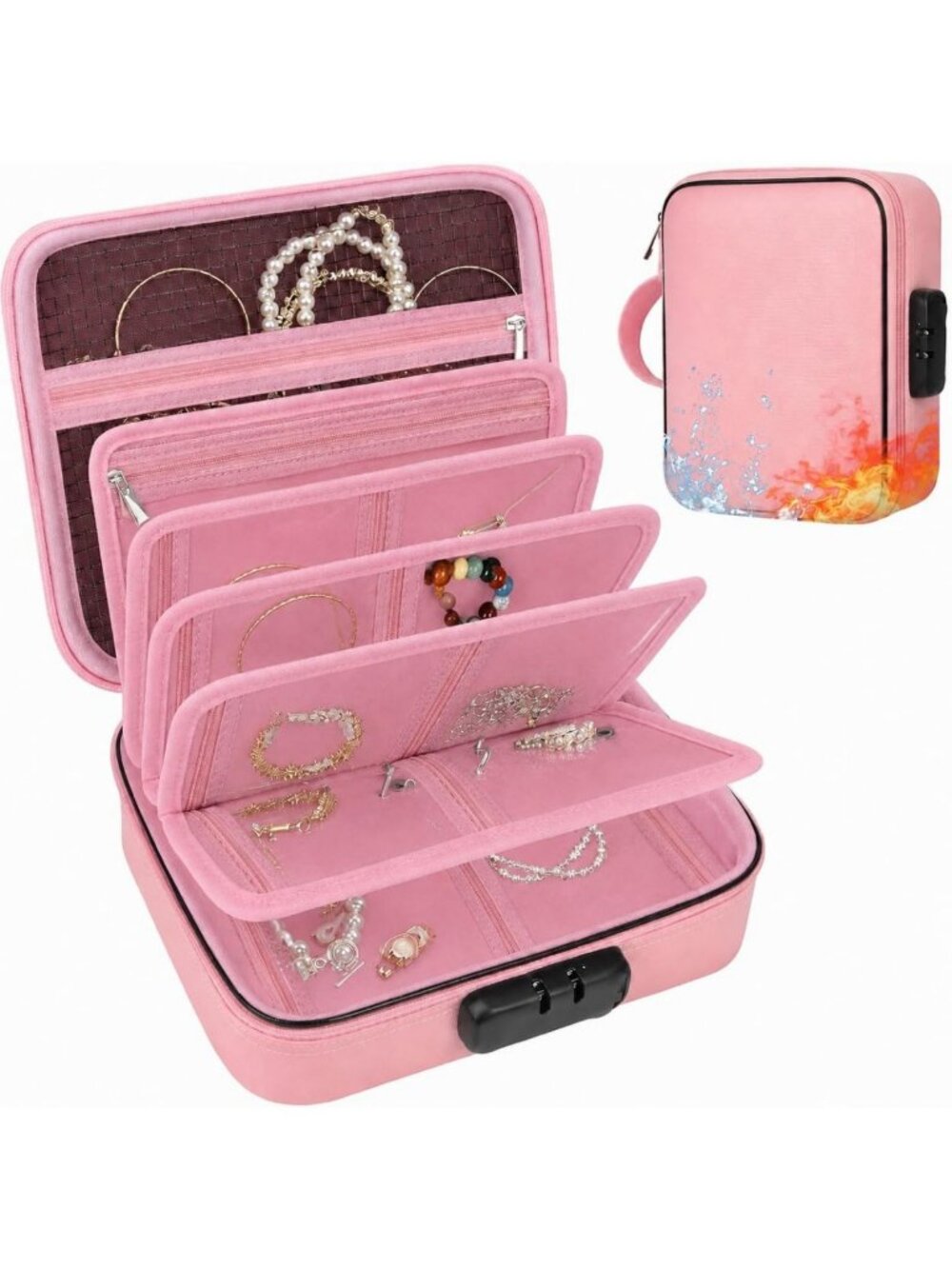 Fireproof Travel Jewelry Organizer Case with Lock, 6 Pages, Portable & Secure